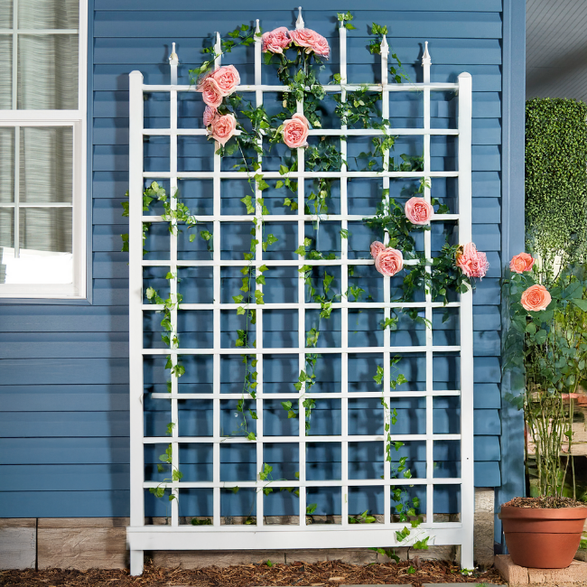 A beautifully decorated Grand Trellis, with climbing roses intertwined in the grid. This white vinyl trellis supports dynamic vine displays, adding a regal touch to any garden.